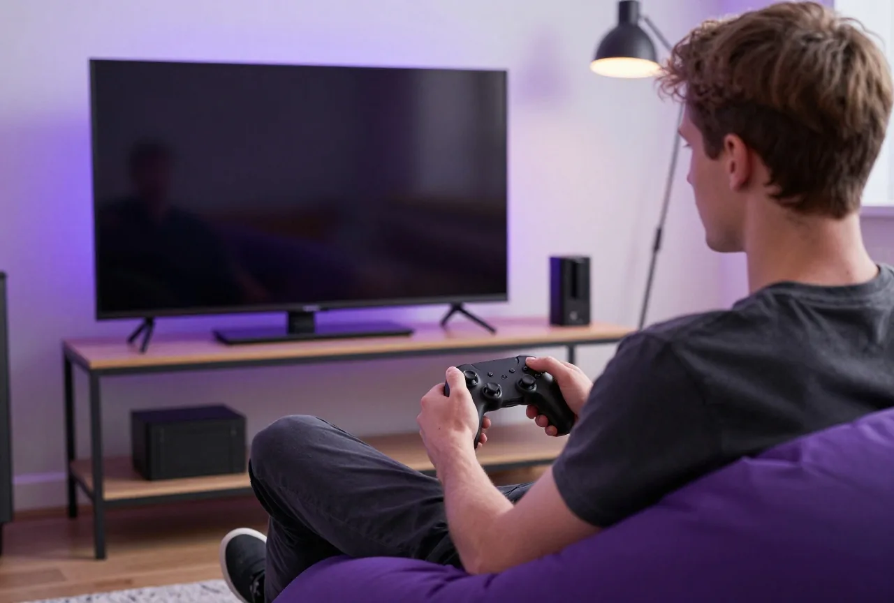 Junger Mann um die zwanzig auf einem Sitzsack mit Gamepad, der Fernseher ist von hinten zu sehen