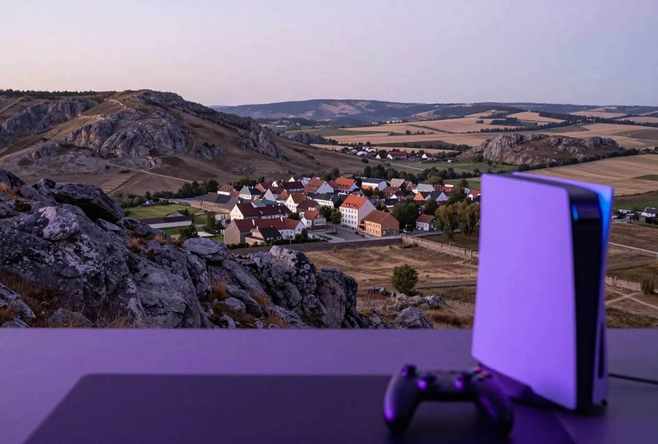 Abgelegene Landschaft mit Felshügeln, kleiner ummauerter Siedlung und Feldern unter blassem Himmel