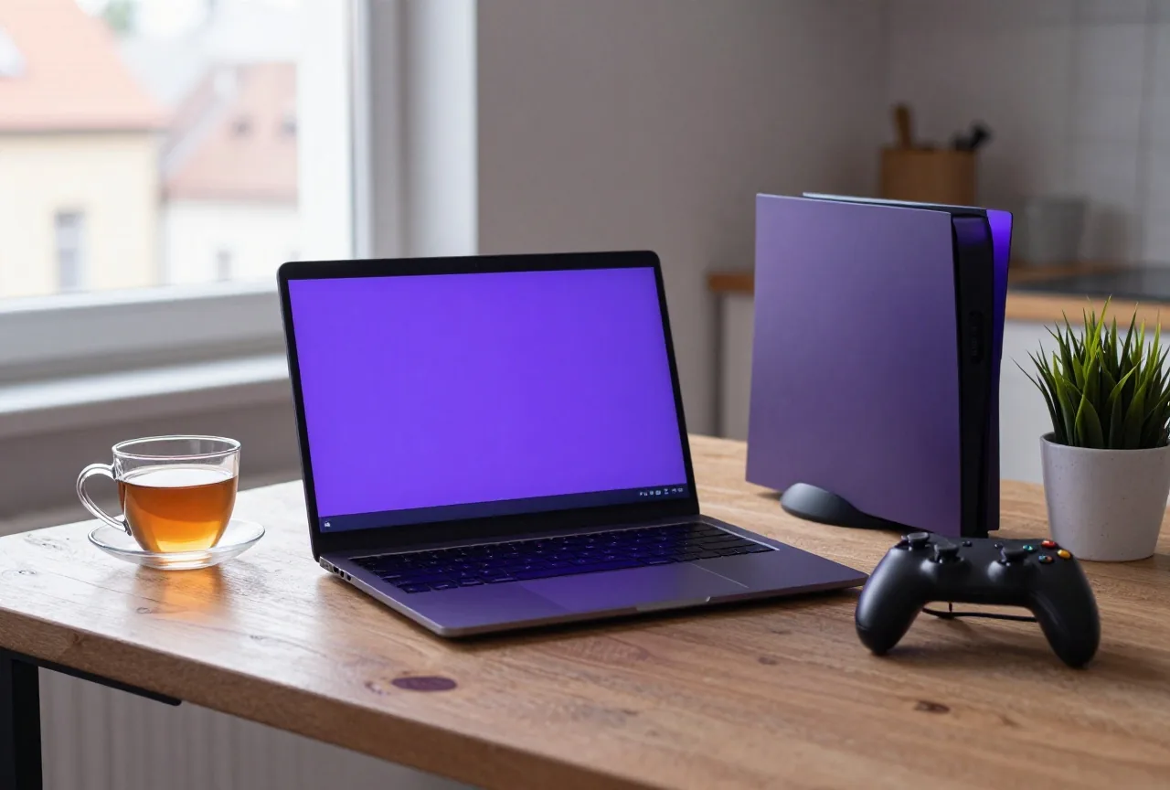 Laptop von hinten auf einem rustikalen Küchentisch mit Teetasse und Topfpflanze im Fensterlicht