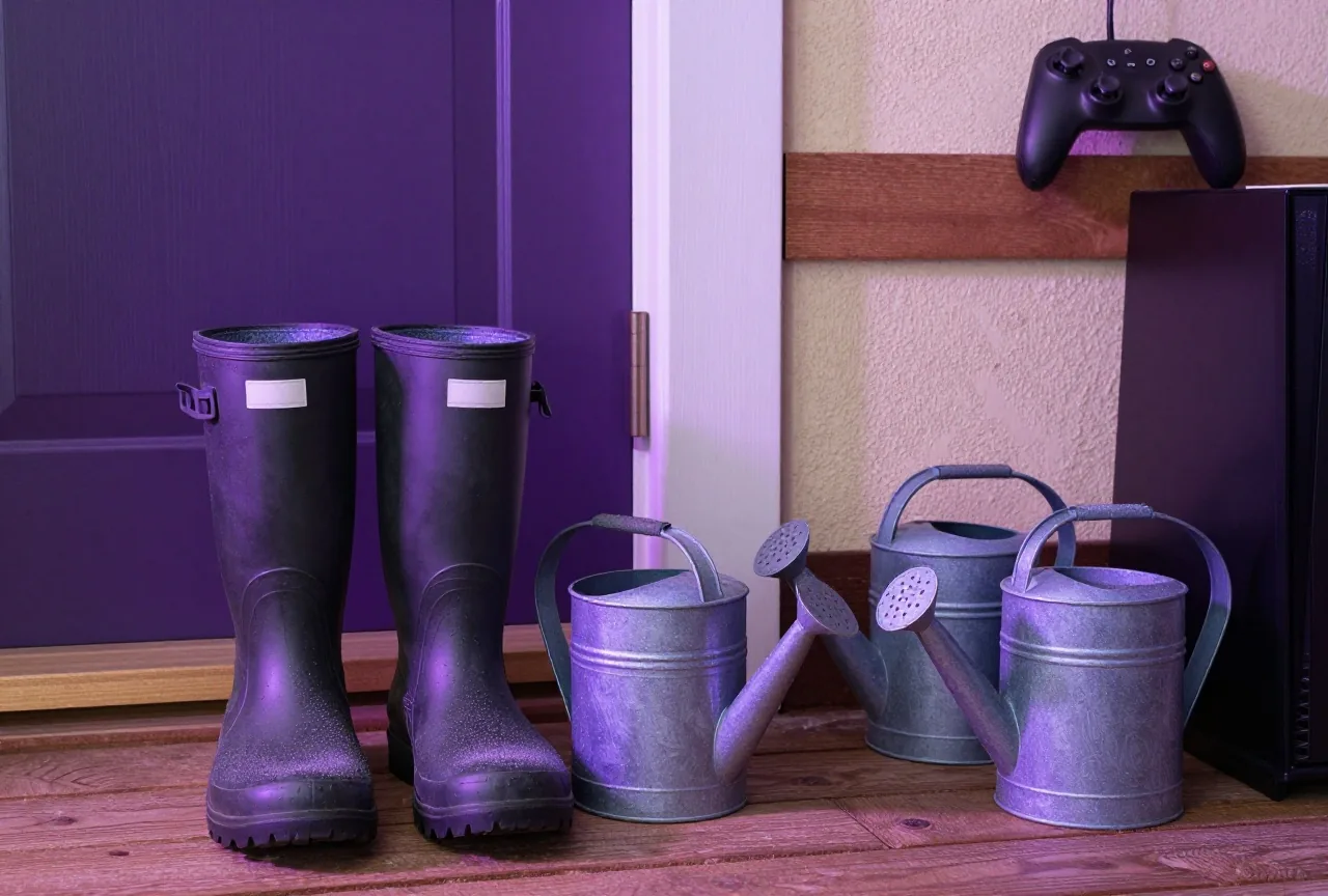 Zwei Paar Gummistiefel und zwei Gießkannen neben einer Bauernhaustür im Morgentau