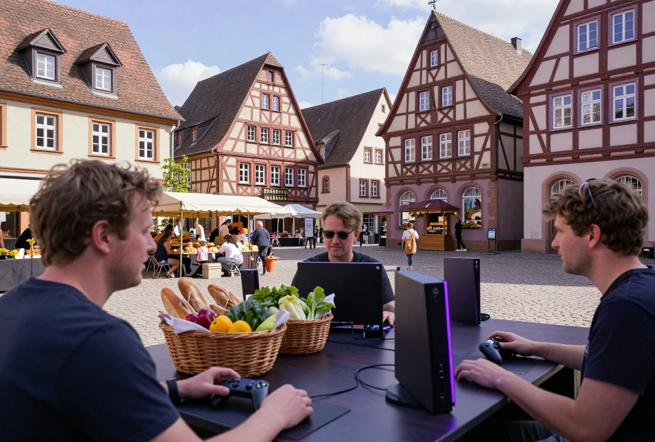 Mittelalterlicher Marktplatz mit Fachwerkhäusern und Körben voller Brot und Gemüse am Nachmittag