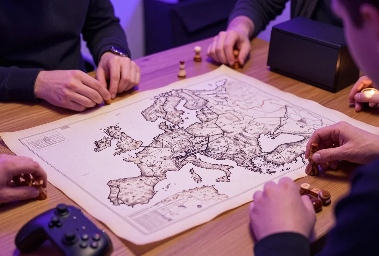 Alte Karte auf Pergament mit geschnitzten Holzspielfiguren auf einem Holztisch im Kerzenlicht