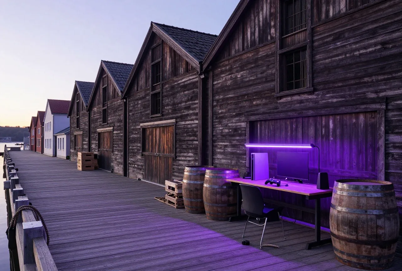 Altes hölzernes Lagerhaus am Hafen mit Fässern, Kisten und Tauen auf einem leeren Steg im Morgenlicht