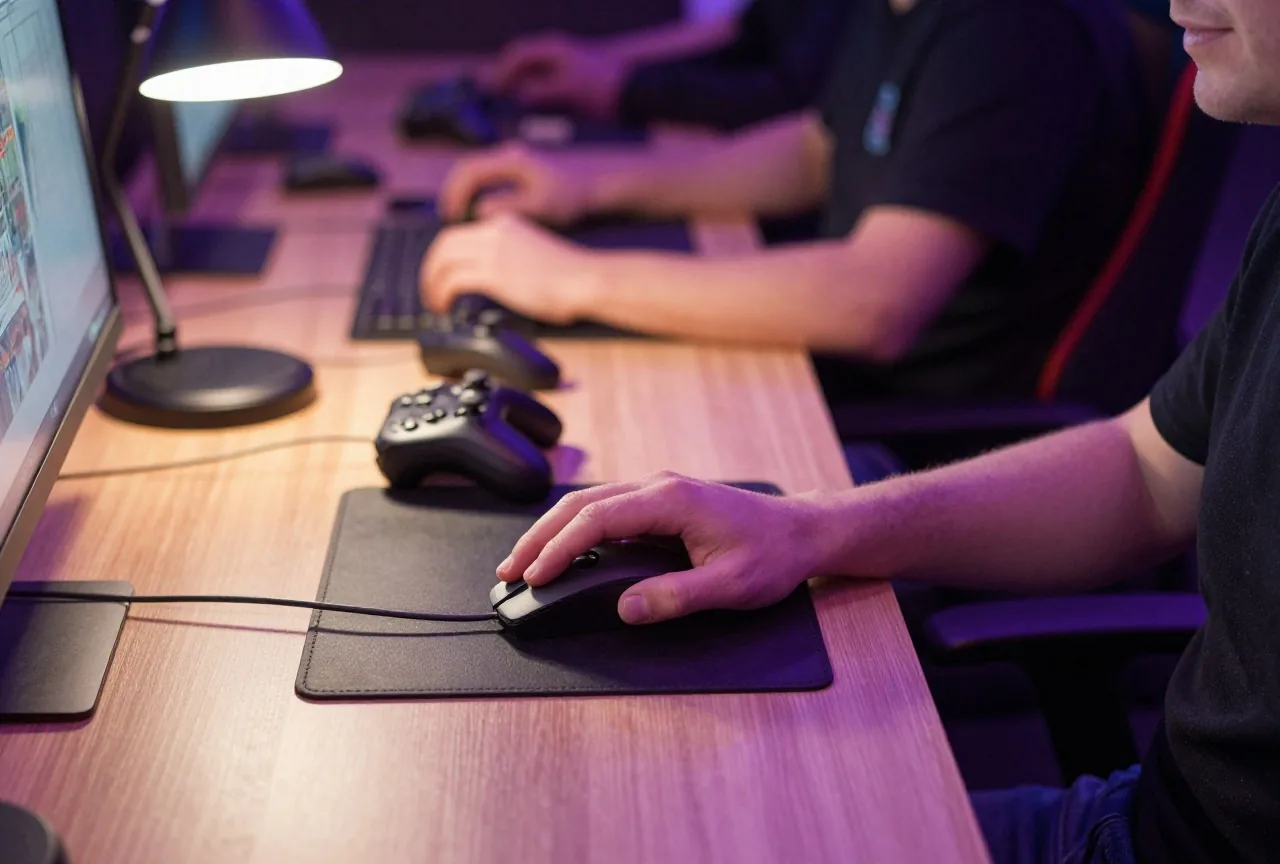 Hand auf einer Computermaus neben einem zugeklappten Laptop unter einer Schreibtischlampe im Industriestil