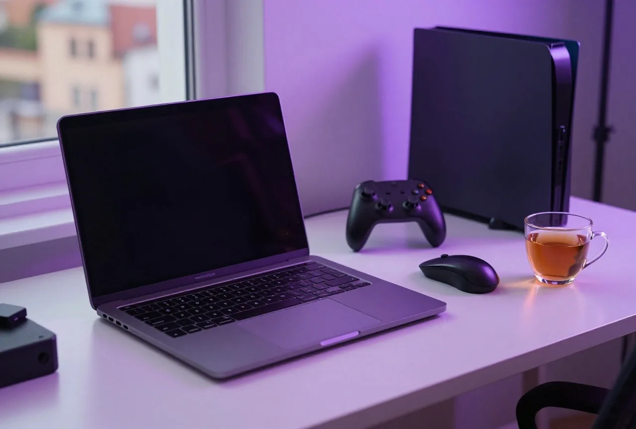 Moderner Schreibtisch mit zugeklapptem Laptop, Computermaus und Teetasse im Licht einer Abendlampe