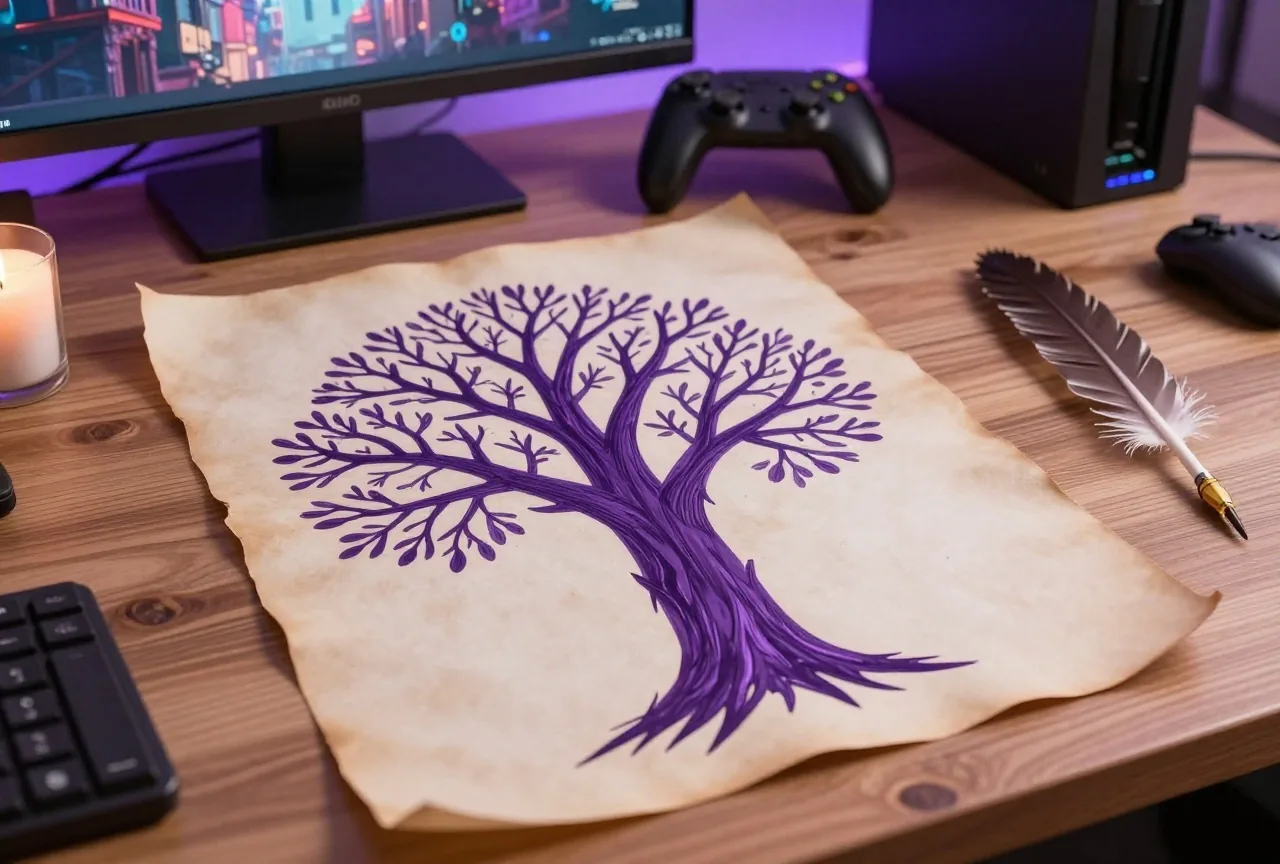 Gemalter verzweigter Baum auf altem Pergament neben Feder und Kerze auf einem Holztisch