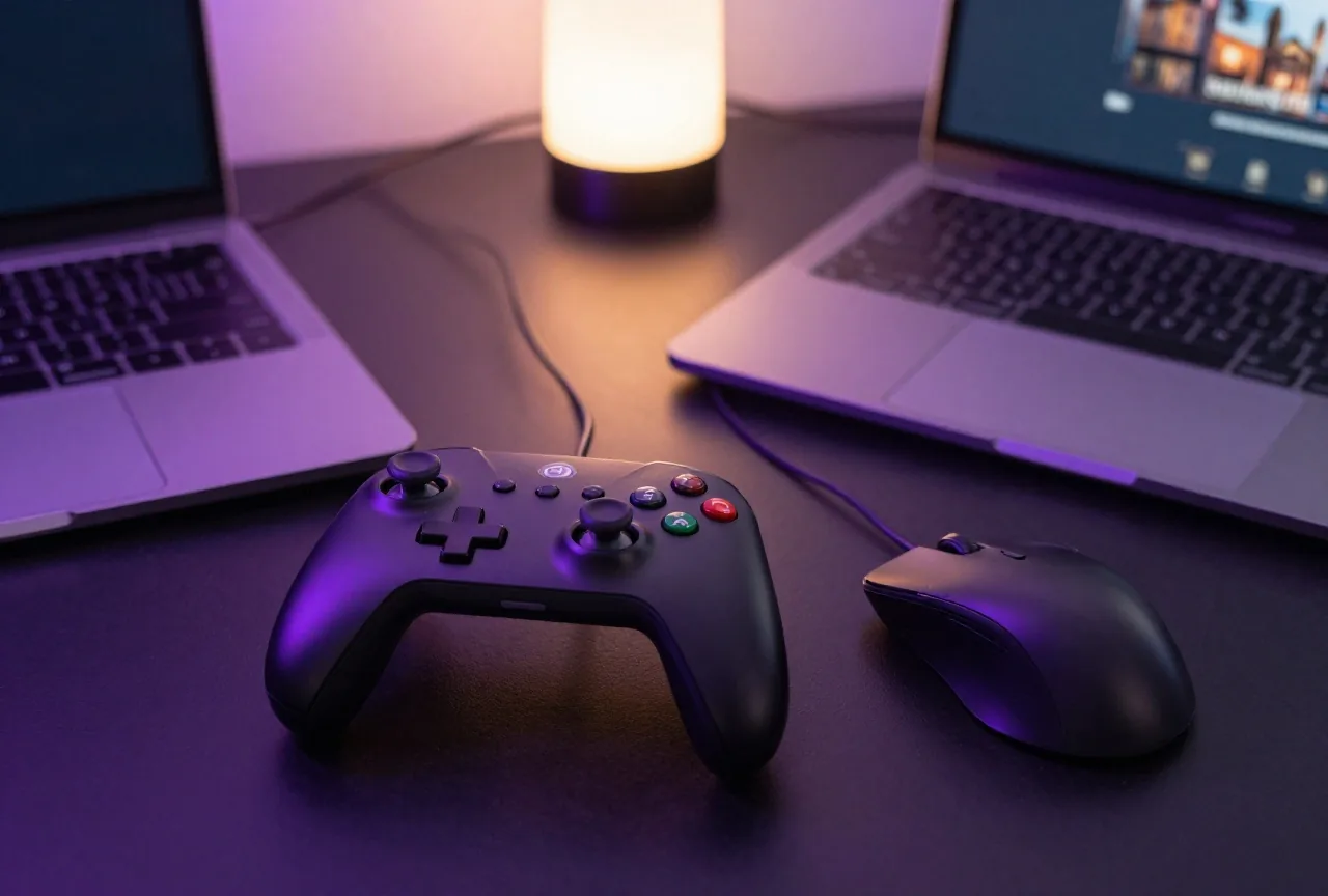 Controller und Computermaus auf dunklem Schreibtisch neben einem zugeklappten Laptop im Lampenlicht