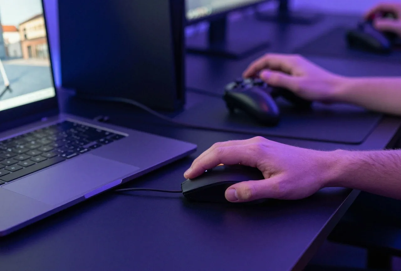 Hand auf einer Gaming-Maus neben einem zugeklappten Laptop auf dunklem Schreibtisch im blauen Licht