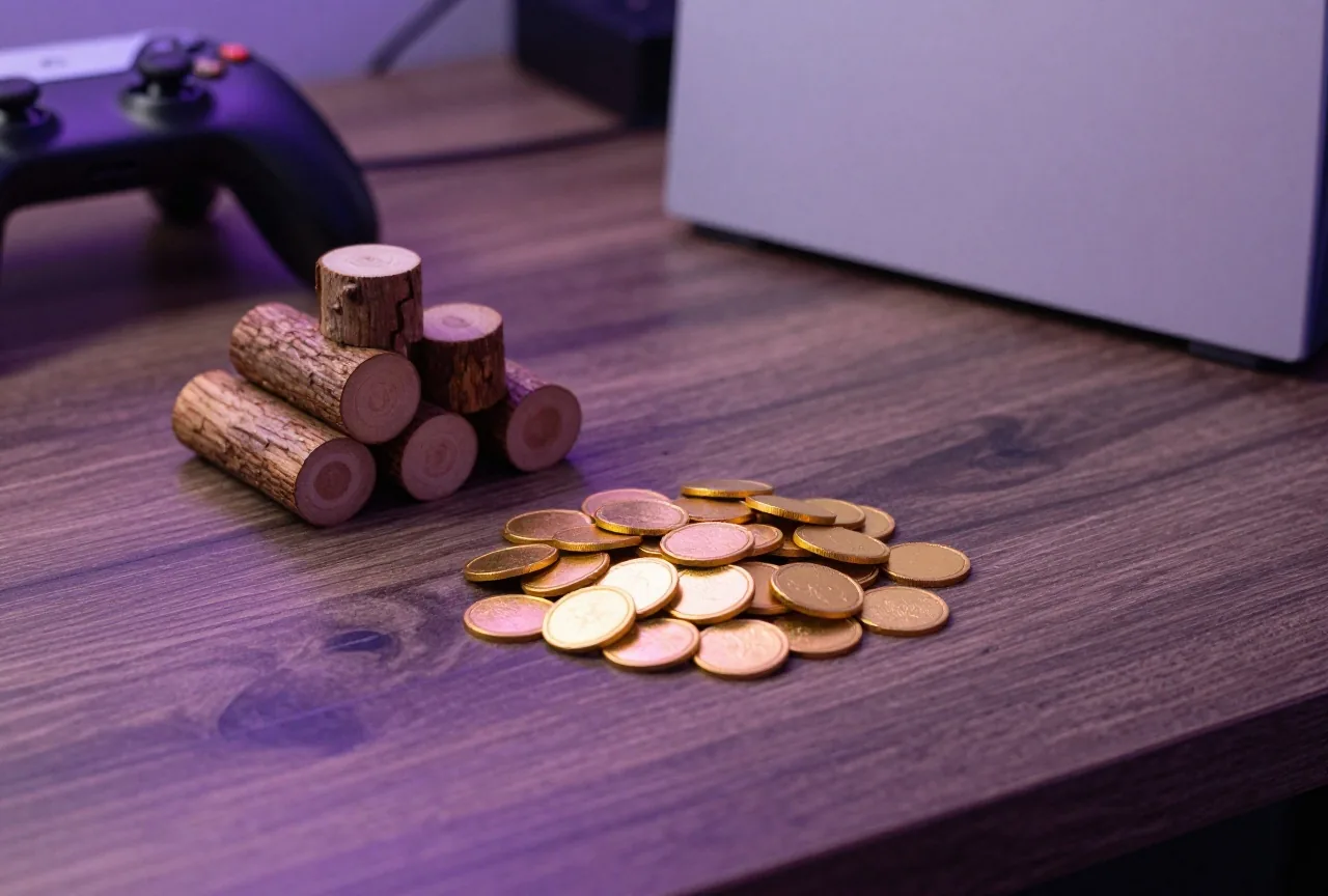 Kleiner Haufen goldener Spielmarken neben einem Stapel winziger Holzscheite auf einem rustikalen Tisch
