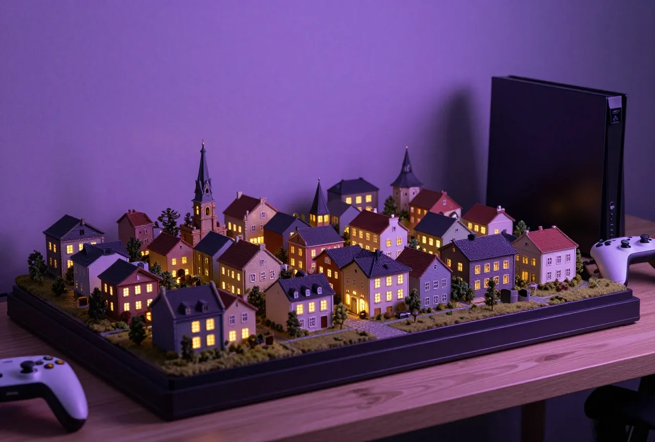 Miniaturdorf im Fantasy-Stil in der Abenddämmerung mit leuchtenden Fenstern und violettem Himmel
