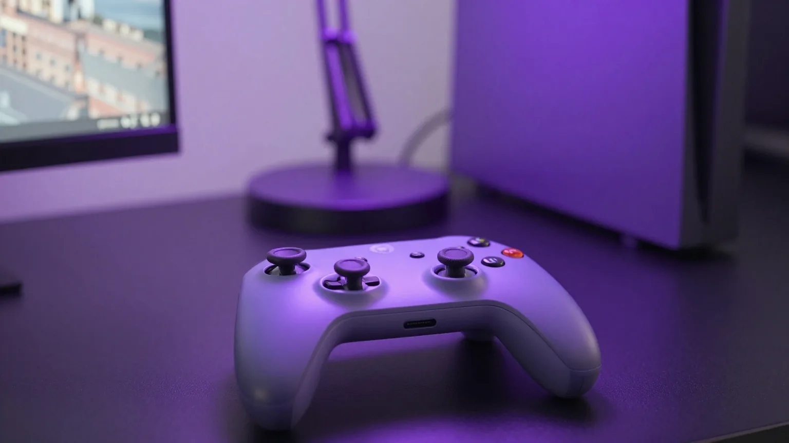 Leuchtende Tastatur und Controller auf einem dunklen Schreibtisch im violetten Licht, Monitor ausgeschaltet