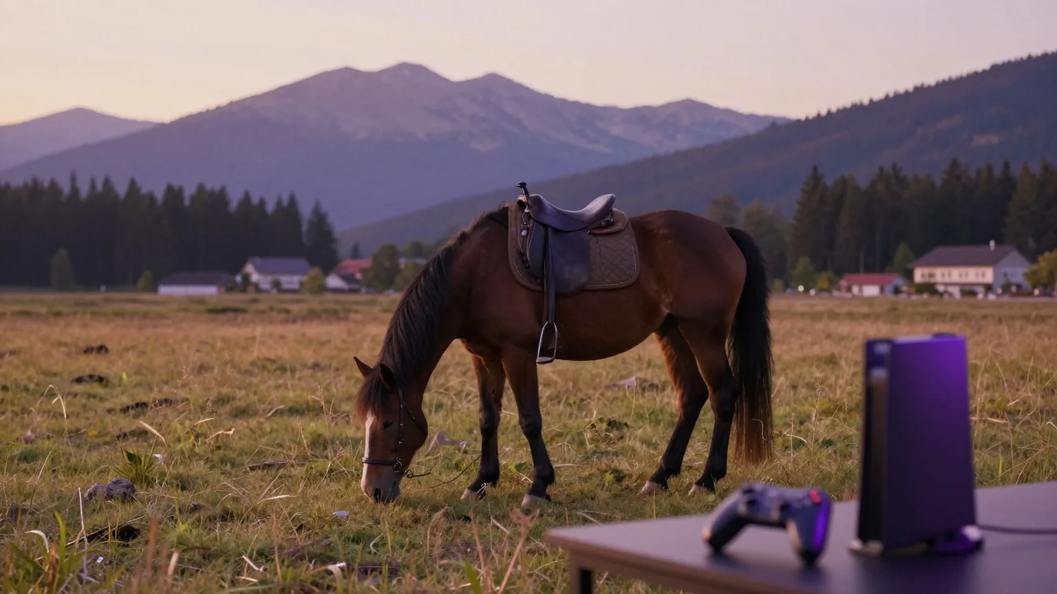 Gesatteltes Pferd grast auf einer weiten Wiese im Abendlicht, dahinter Berge und Nadelwald