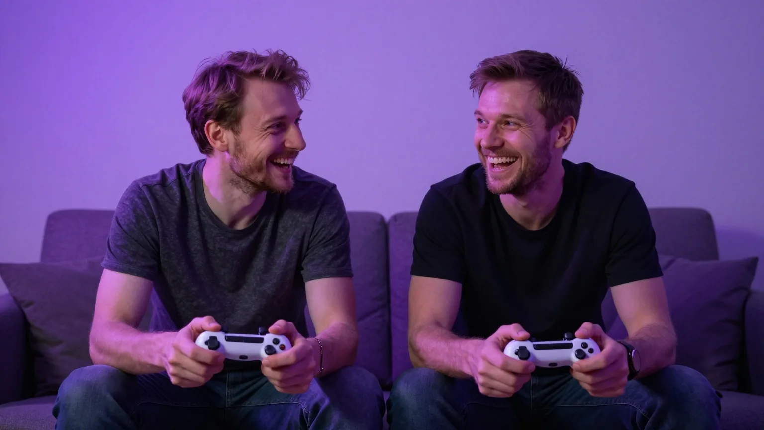 Zwei Erwachsene sitzen abends lachend nebeneinander auf dem Sofa, jeder hält ein Gamepad, violettes Licht