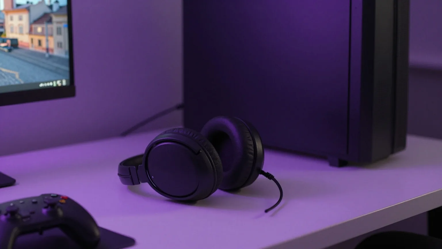 Dunkles Spielzimmer mit Headset und violett beleuchteter Tastatur auf dem Schreibtisch, der Monitor ist ausgeschaltet
