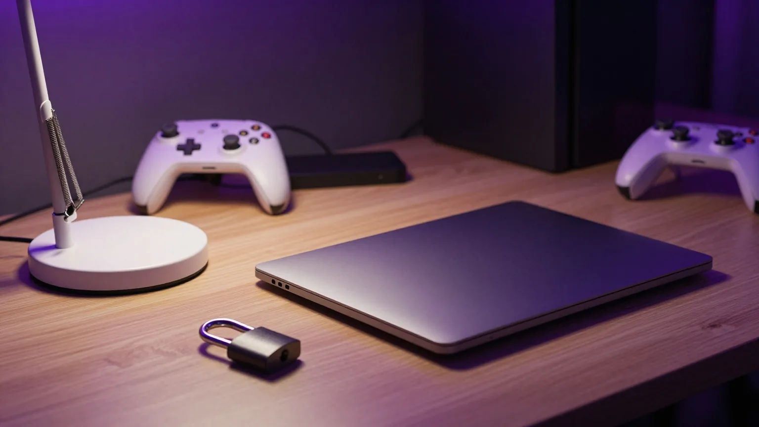 Schreibtischlampe beleuchtet nachts einen zugeklappten Laptop und ein kleines Vorhängeschloss, im Hintergrund ein Gamepad