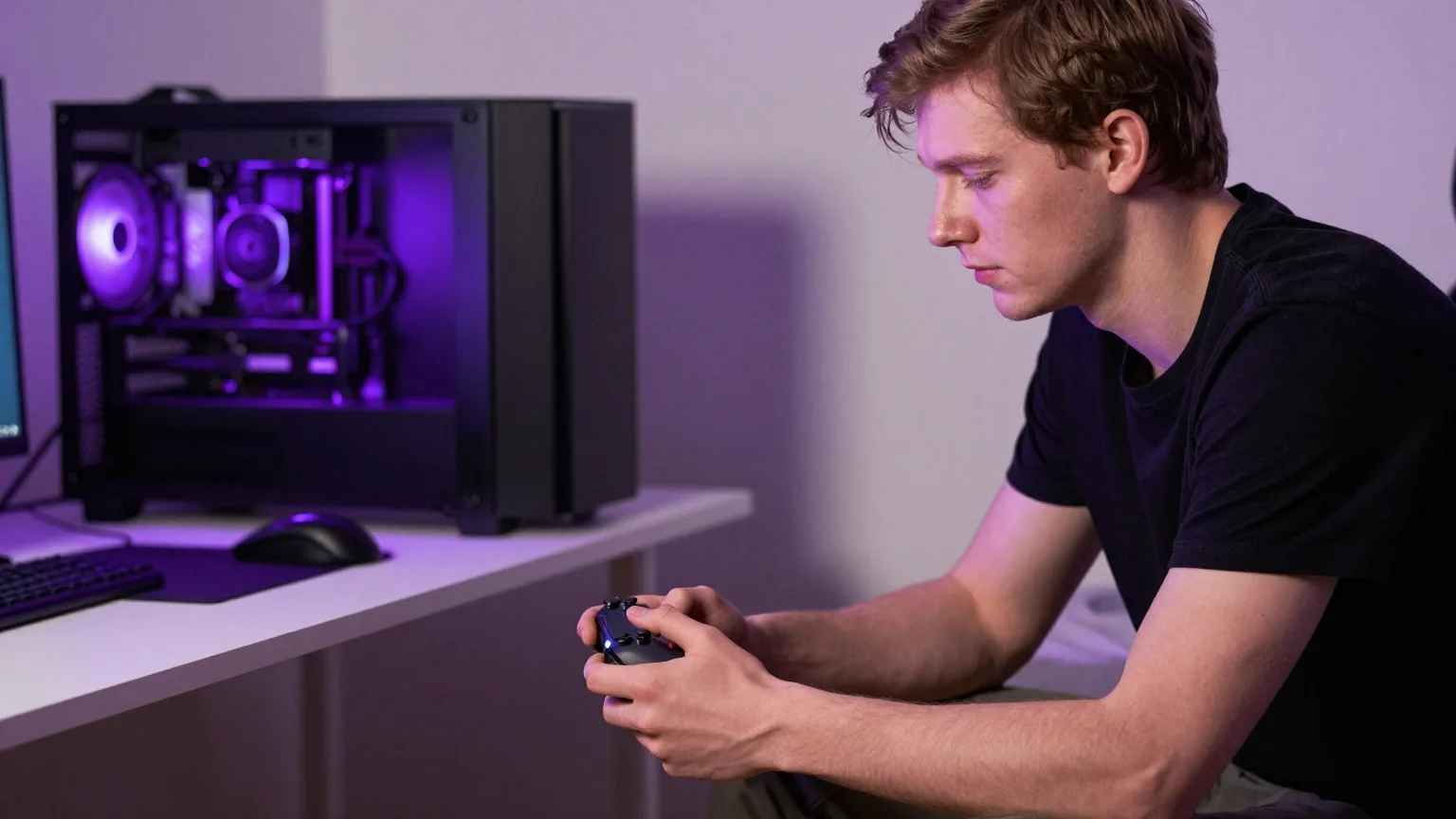 Junger Mann sitzt nachts mit einem Gamepad auf der Bettkante und schaut nach unten, dahinter ein violett beleuchteter PC