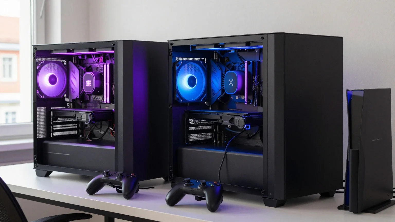 Zwei Spiele-PCs nebeneinander auf einem langen Schreibtisch, einer violett und einer blau beleuchtet, Monitore aus