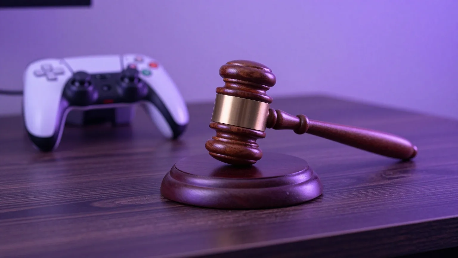 Richterhammer auf einem Holzblock neben einem Gamecontroller auf einem dunklen Schreibtisch