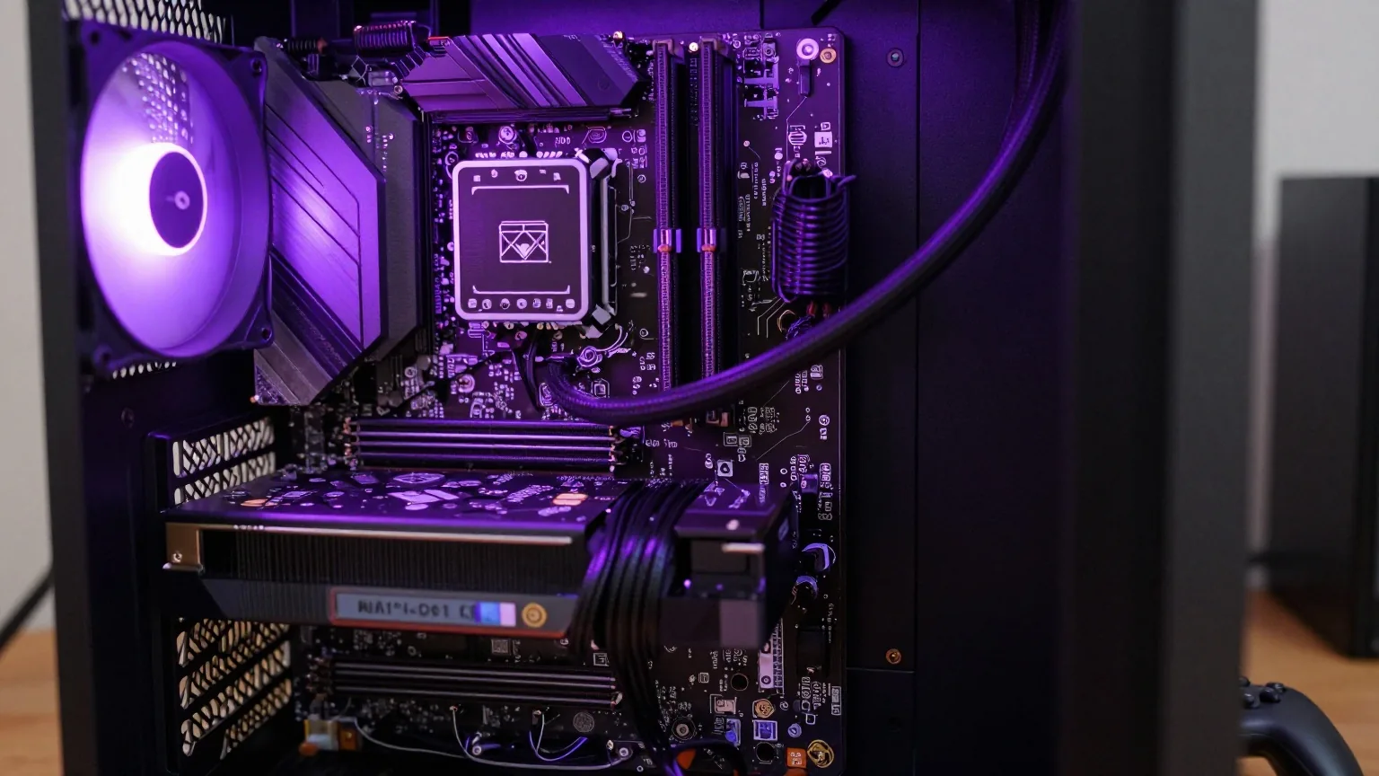 Geöffnetes PC-Gehäuse mit Hauptplatine, Prozessorkühler und Arbeitsspeicher in violettem Licht