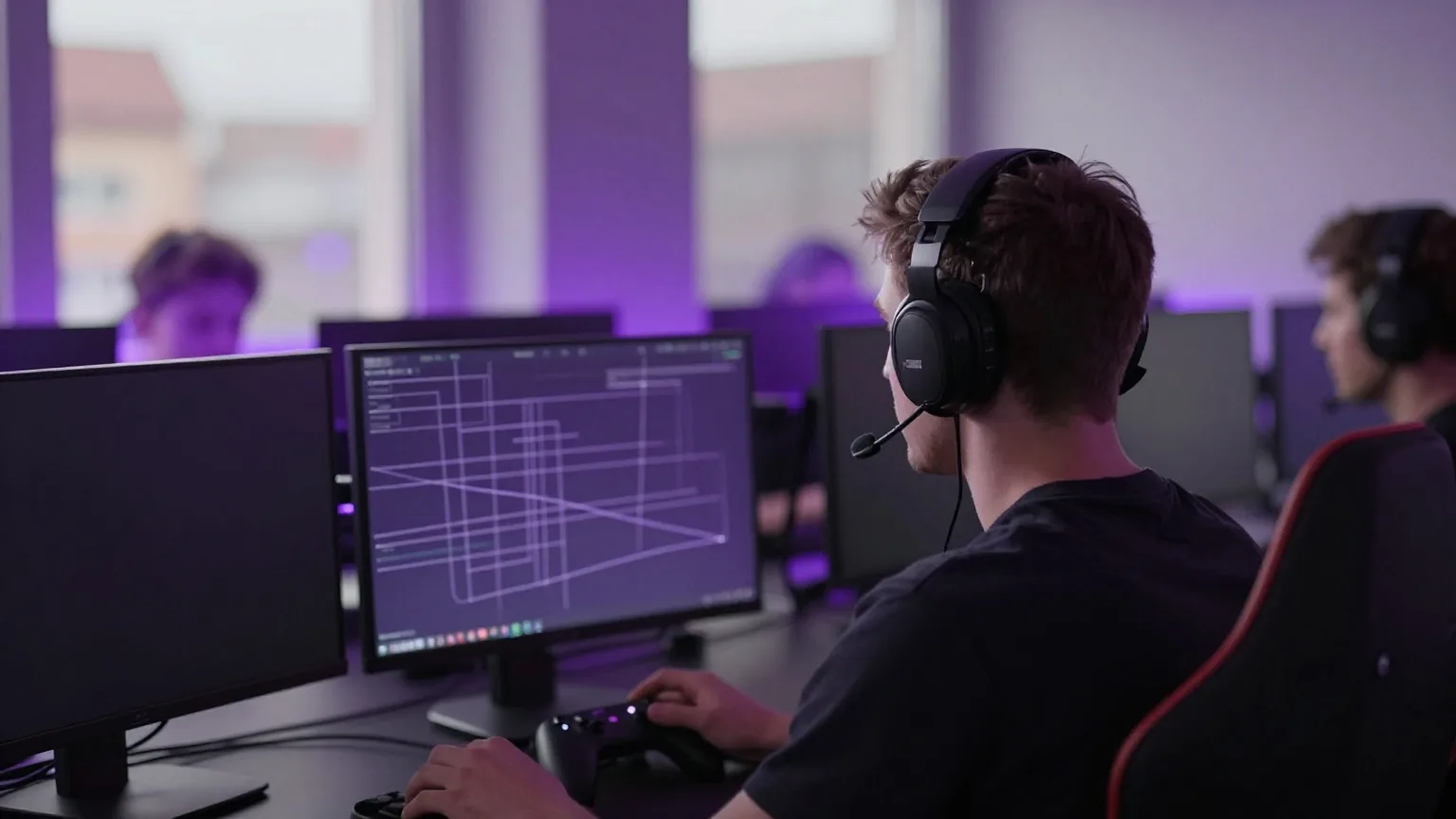 Spieler mit Headset von hinten in einem dunklen Raum, davor schwebende Linien aus violettem Licht
