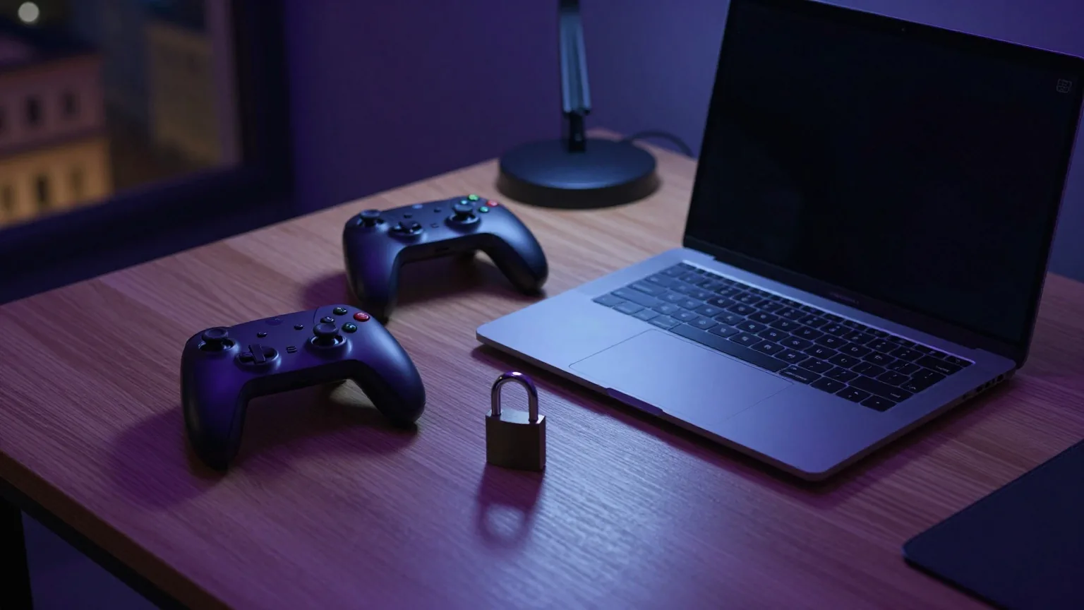 Nächtlicher Schreibtisch mit zugeklapptem Laptop, Gamepad, Tastatur und einem kleinen Vorhängeschloss im bläulichen Licht