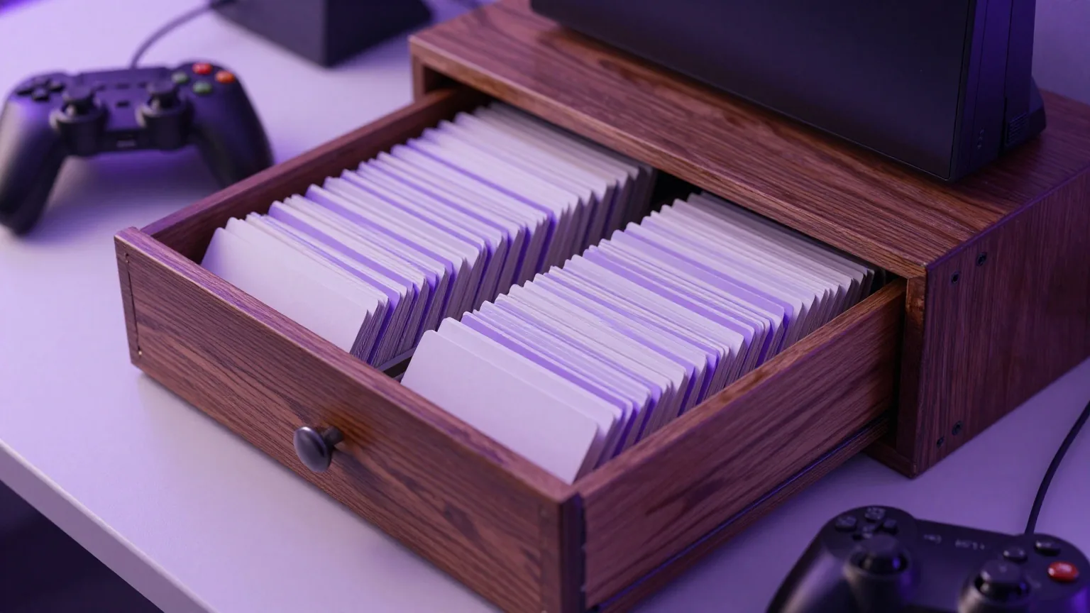 Geöffnete Karteikastenschublade aus Holz mit leeren Karteikarten und violetten Reitern, daneben ein Gamepad