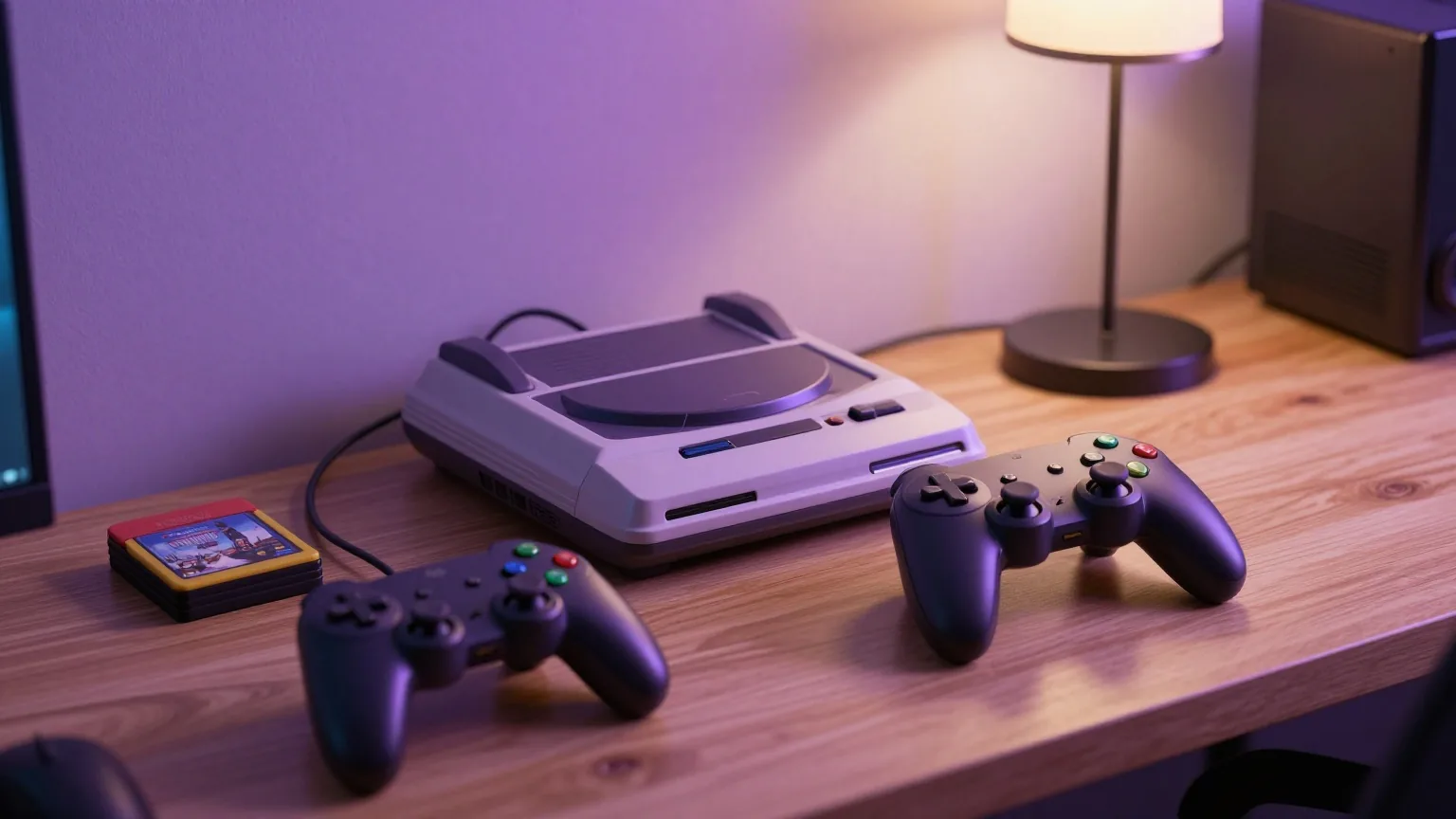 Spielecke am Abend mit Retro-Konsole, zwei Gamepads und Tastatur auf einem Holztisch