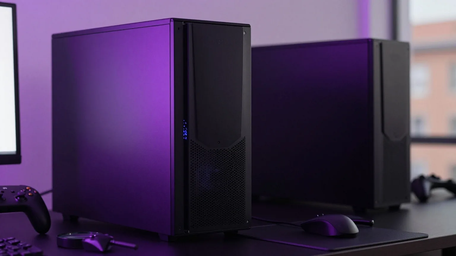 Dunkler Schreibtisch mit ausgeschaltetem Monitor, Tastatur, Maus und einer Lupe im violetten Licht