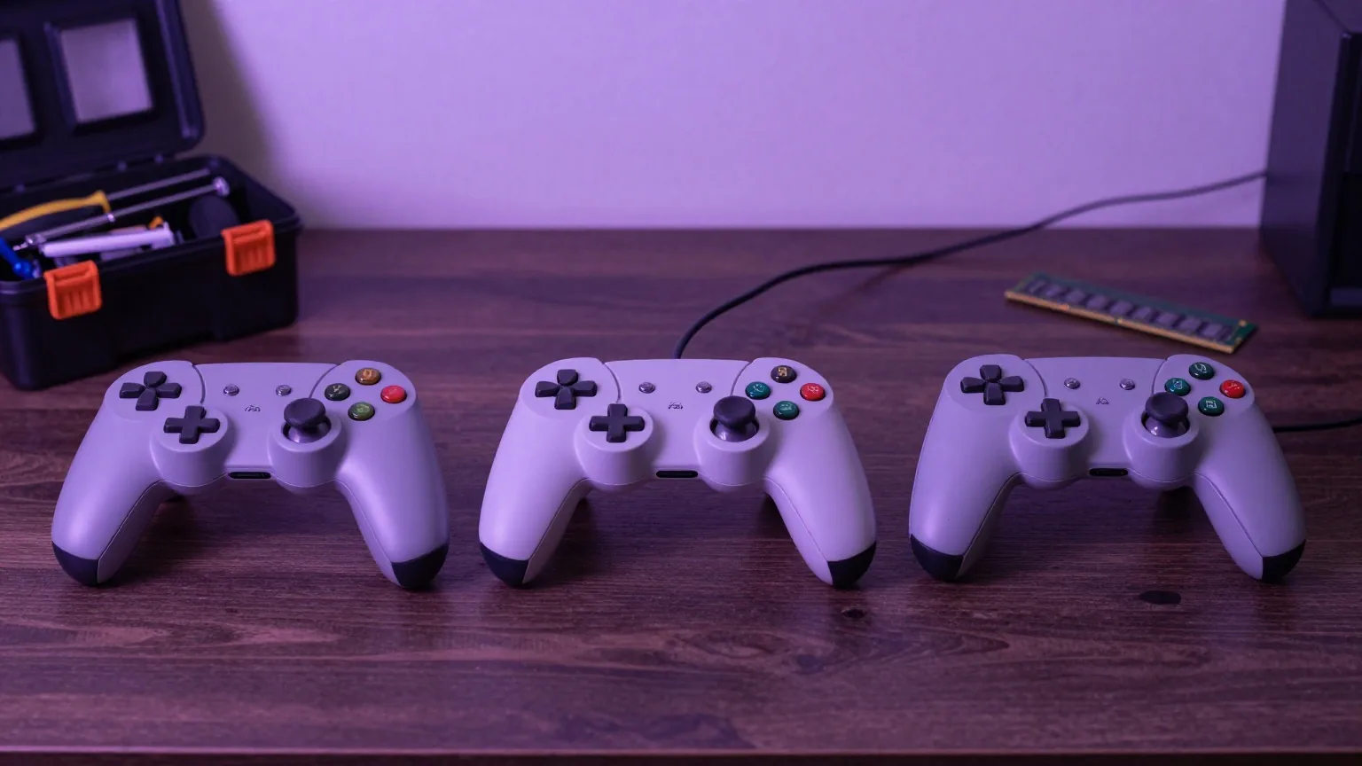 Altes Gamepad, kleiner Werkzeugkasten und ein Arbeitsspeicher-Modul nebeneinander auf dunklem Holztisch