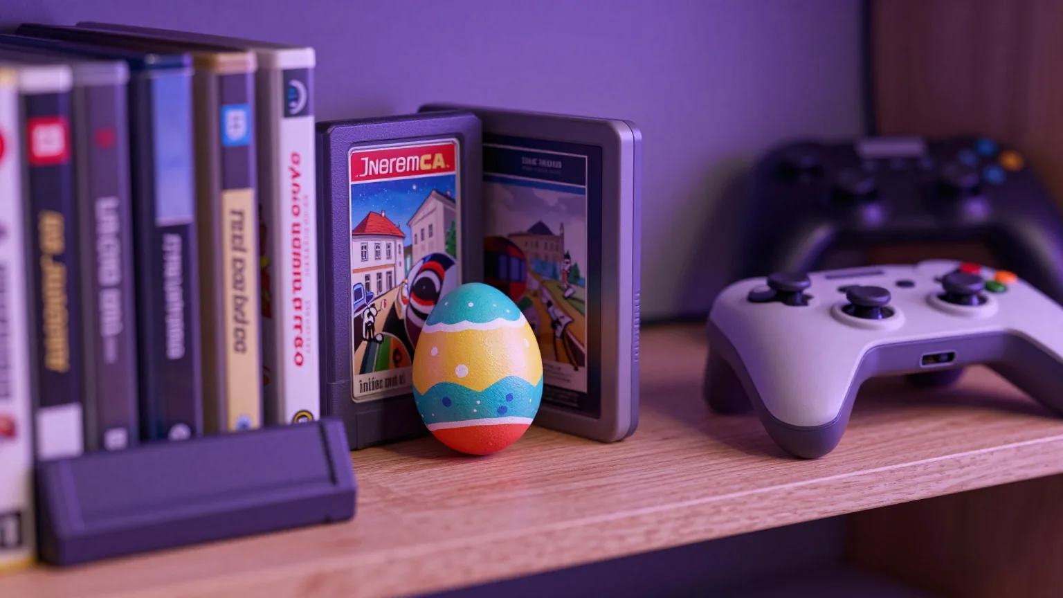 Bemaltes Osterei halb versteckt zwischen alten Spielmodulen und einem Gamepad auf einem Holzregal