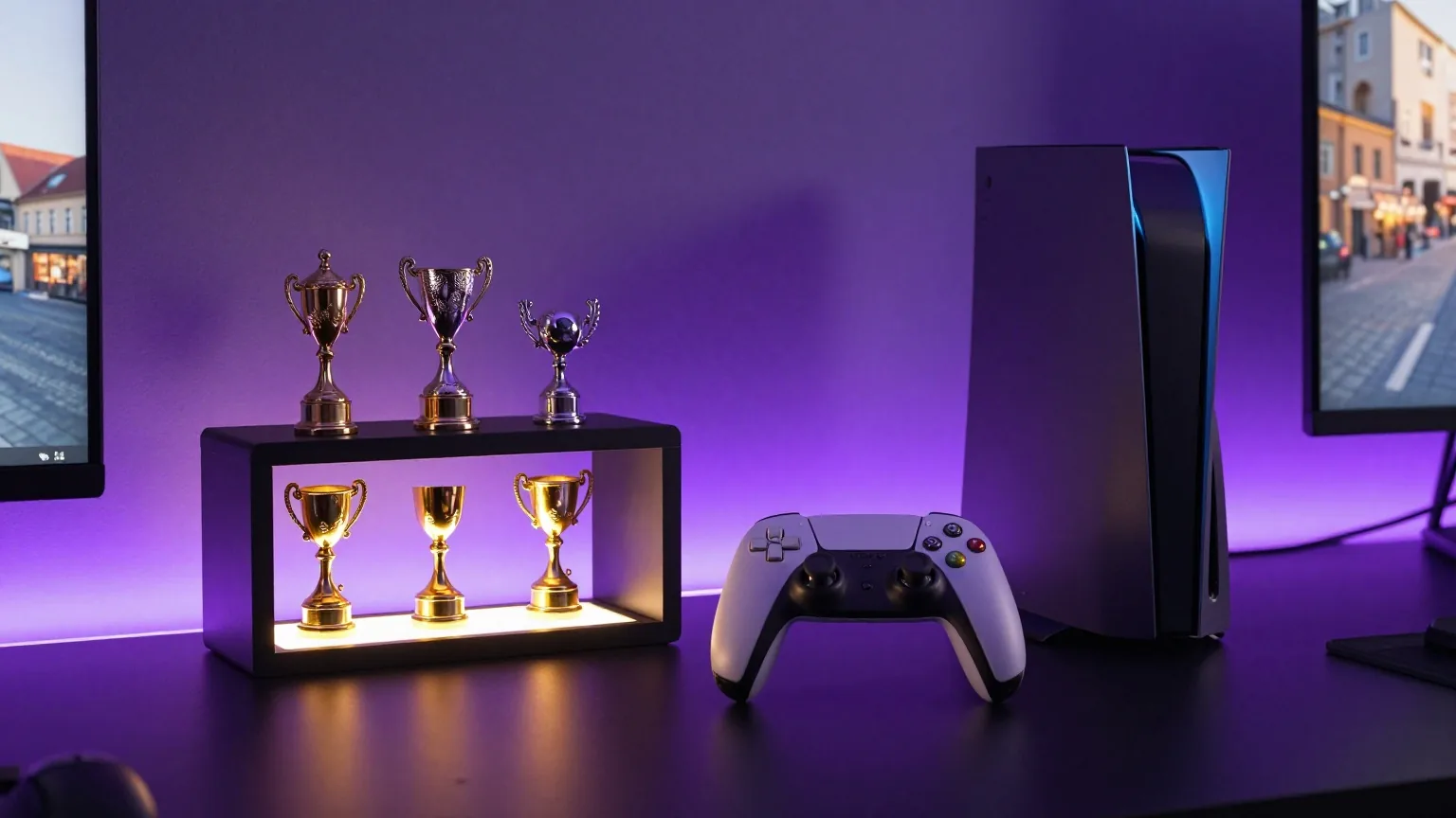 Kleine goldene und silberne Pokalfiguren auf einem Regal neben einem Gamepad im violetten Licht