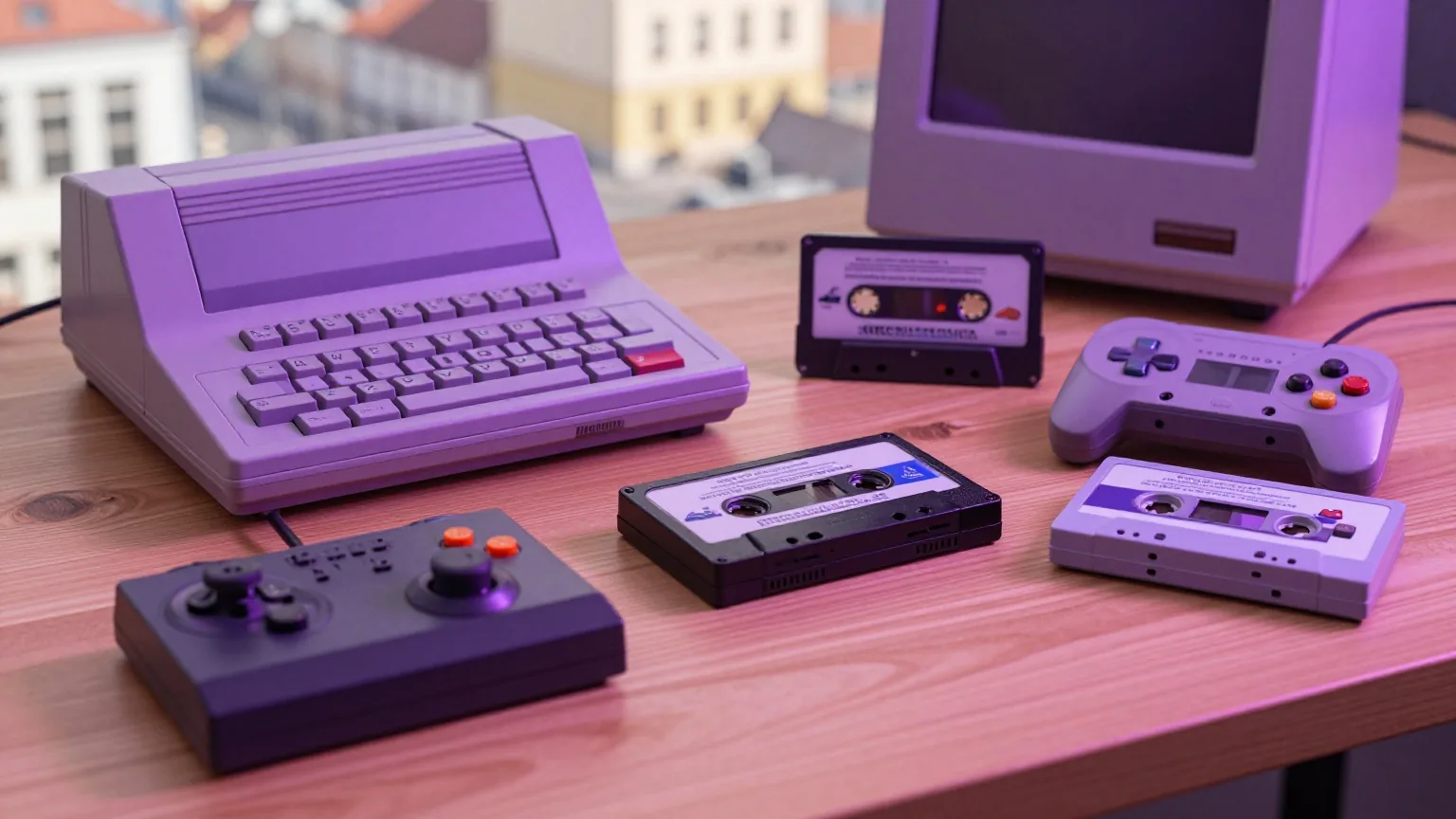 Alter Heimcomputer, Kassette, Steckmodul und Gamepad nebeneinander auf einem Holzschreibtisch