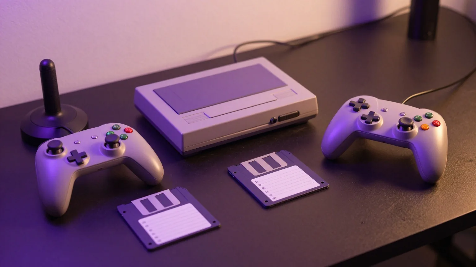Alte Tastatur, Gamepad, Disketten und Spielmodule ohne Aufkleber auf einem dunklen Tisch