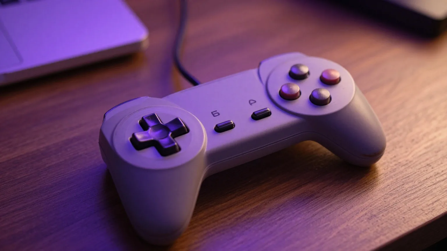 Nahaufnahme eines abgenutzten Gamepads mit Steuerkreuz und zwei runden Tasten auf dunklem Holztisch