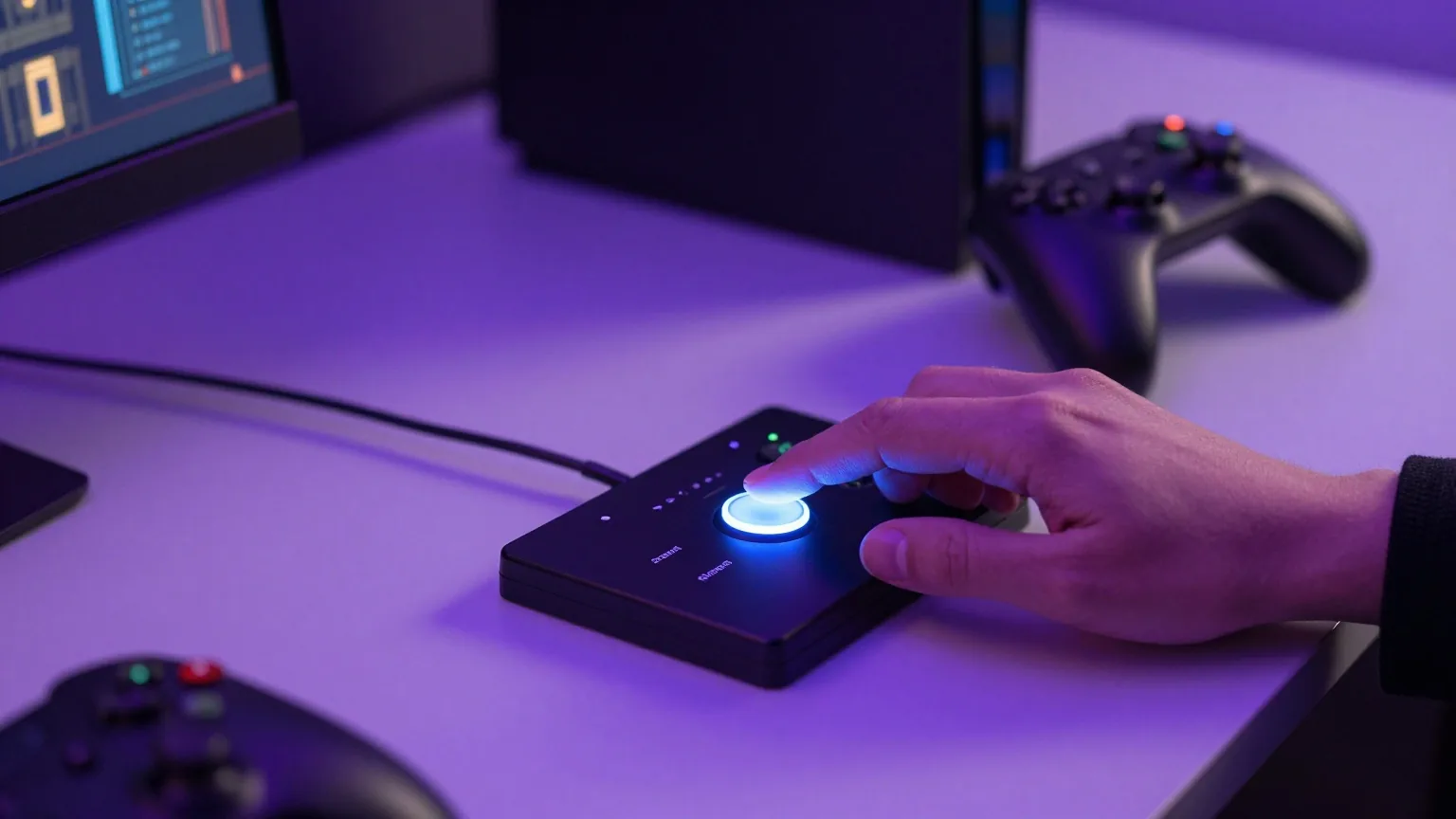 Finger drückt eine Taste oben links auf einer mechanischen Tastatur, dahinter ein ausgeschalteter Monitor im violetten Licht