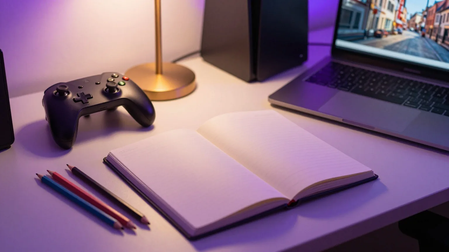 Schreibtisch mit Gamepad, leerem Skizzenbuch und Buntstiften neben einem zugeklappten Laptop im warmen Lampenlicht