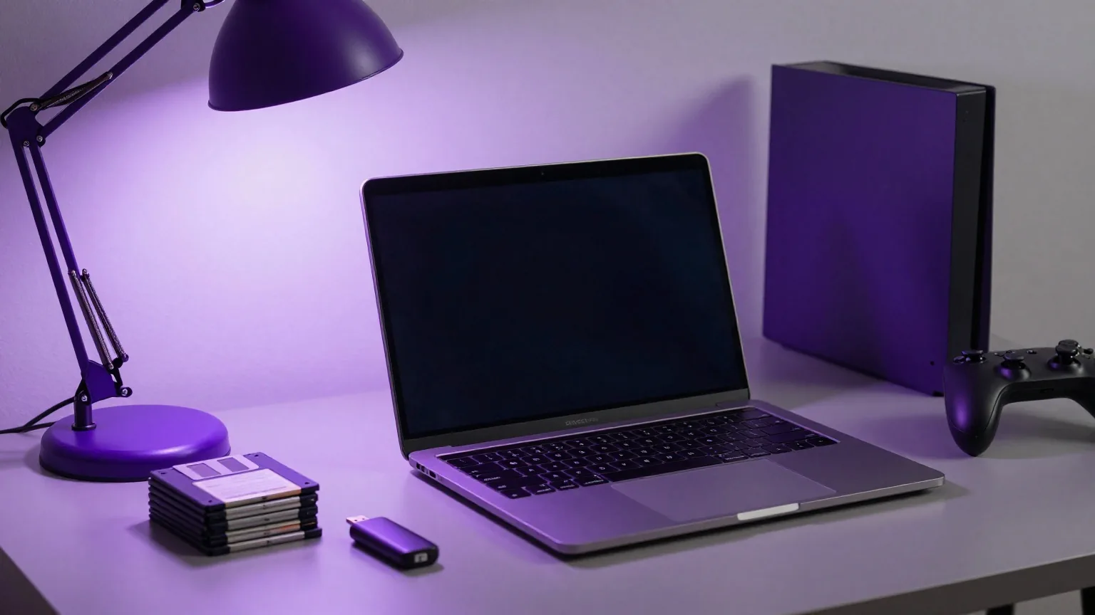 Laptop von hinten auf einem Schreibtisch, daneben alte Disketten und ein moderner USB-Stick im violetten Licht