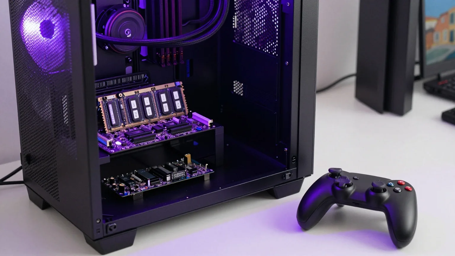 Geöffnetes PC-Gehäuse mit Arbeitsspeicher und Platine auf einer Werkbank, daneben ein Gamepad im violetten Licht