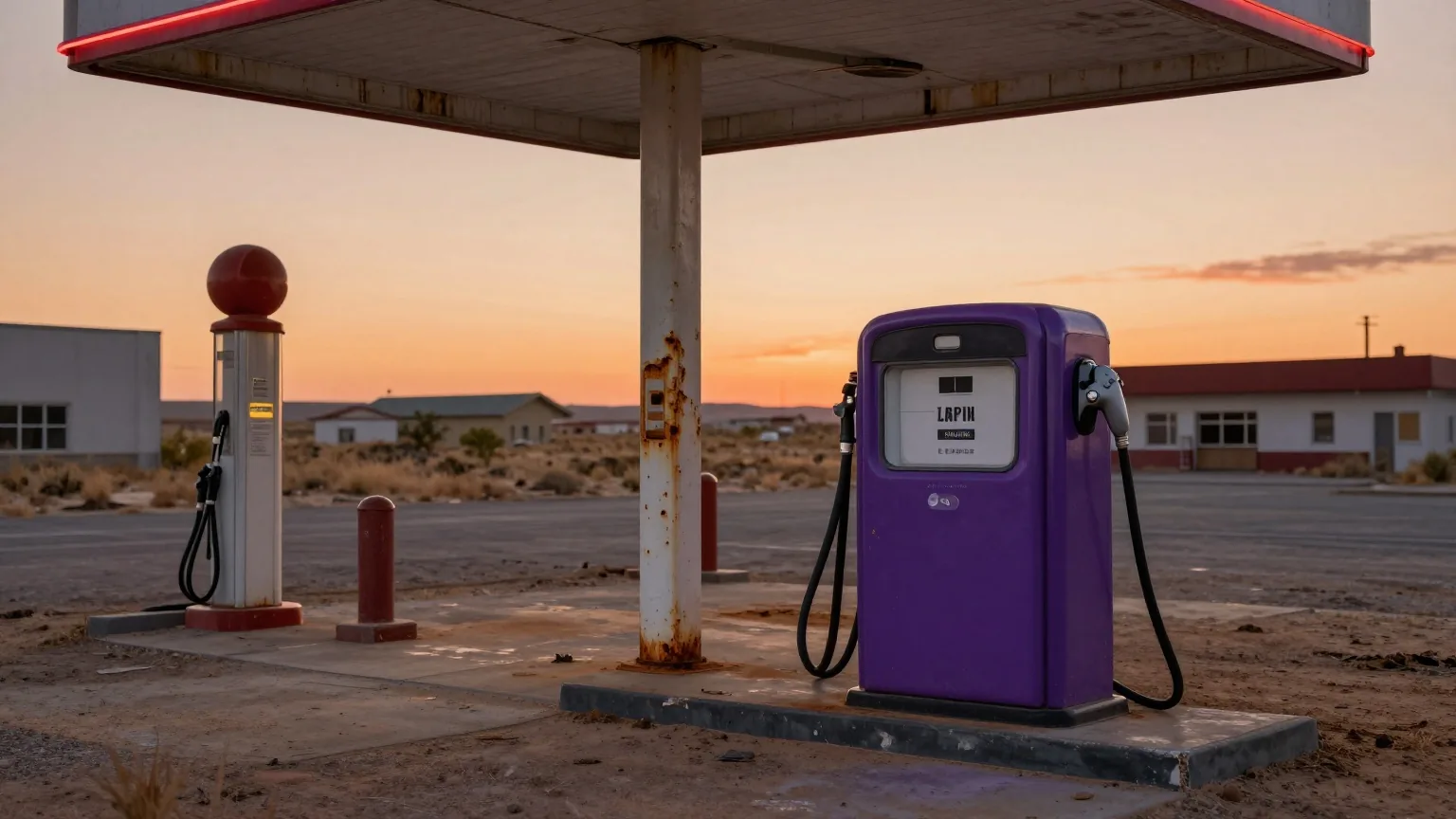 Verlassene Tankstelle im Retrostil in einer trockenen Ödnis bei Sonnenuntergang, Staub in der warmen Luft