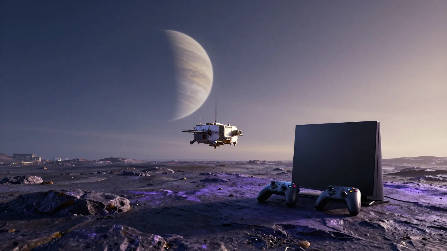 Kleines Raumschiff auf einer felsigen fremden Hochebene, am Horizont ein großer blasser Planet am Himmel