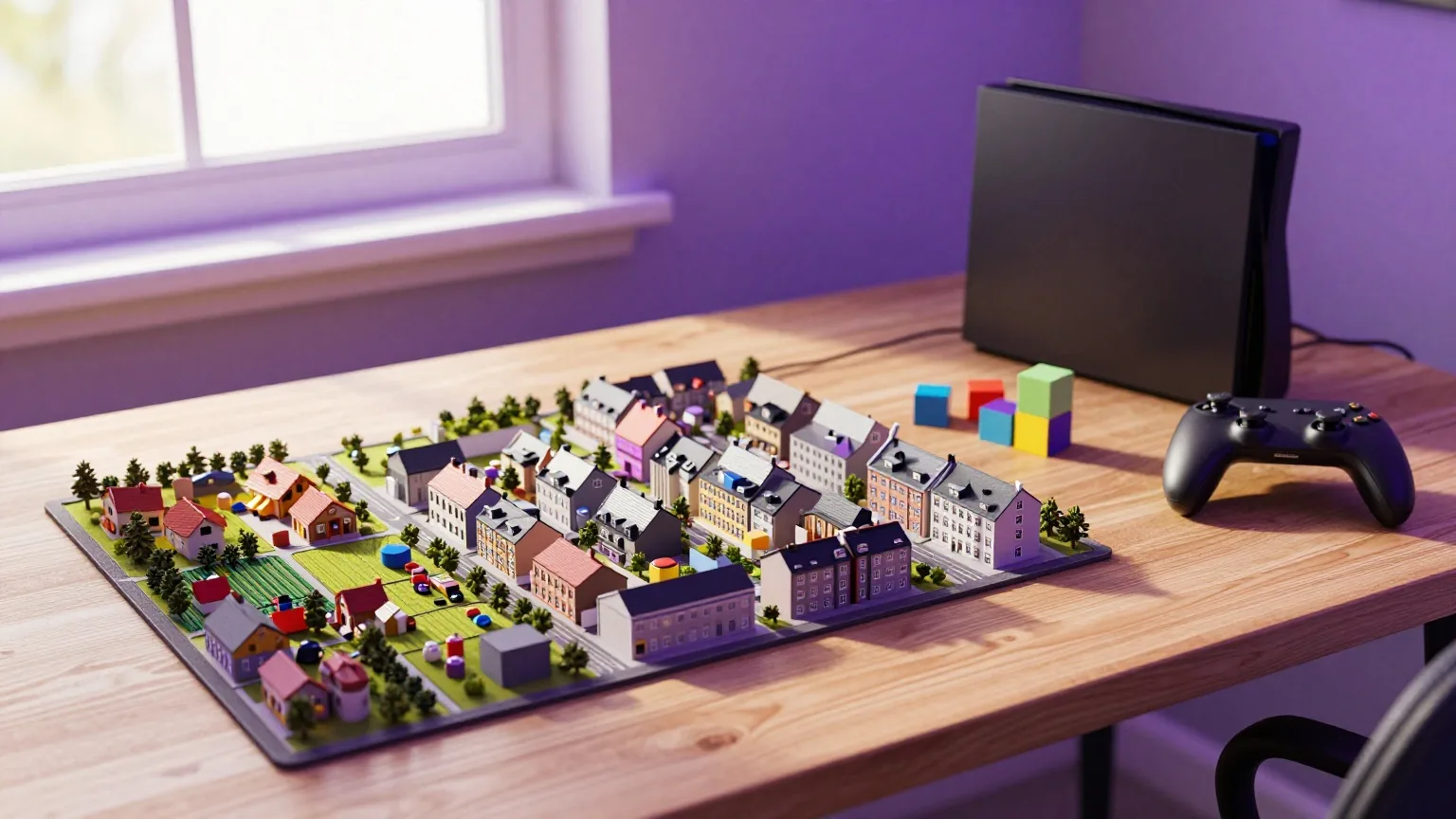 Holztisch mit einer Modellstadt, einem kleinen Bauernhof und bunten Bauwürfeln neben einem Gamepad