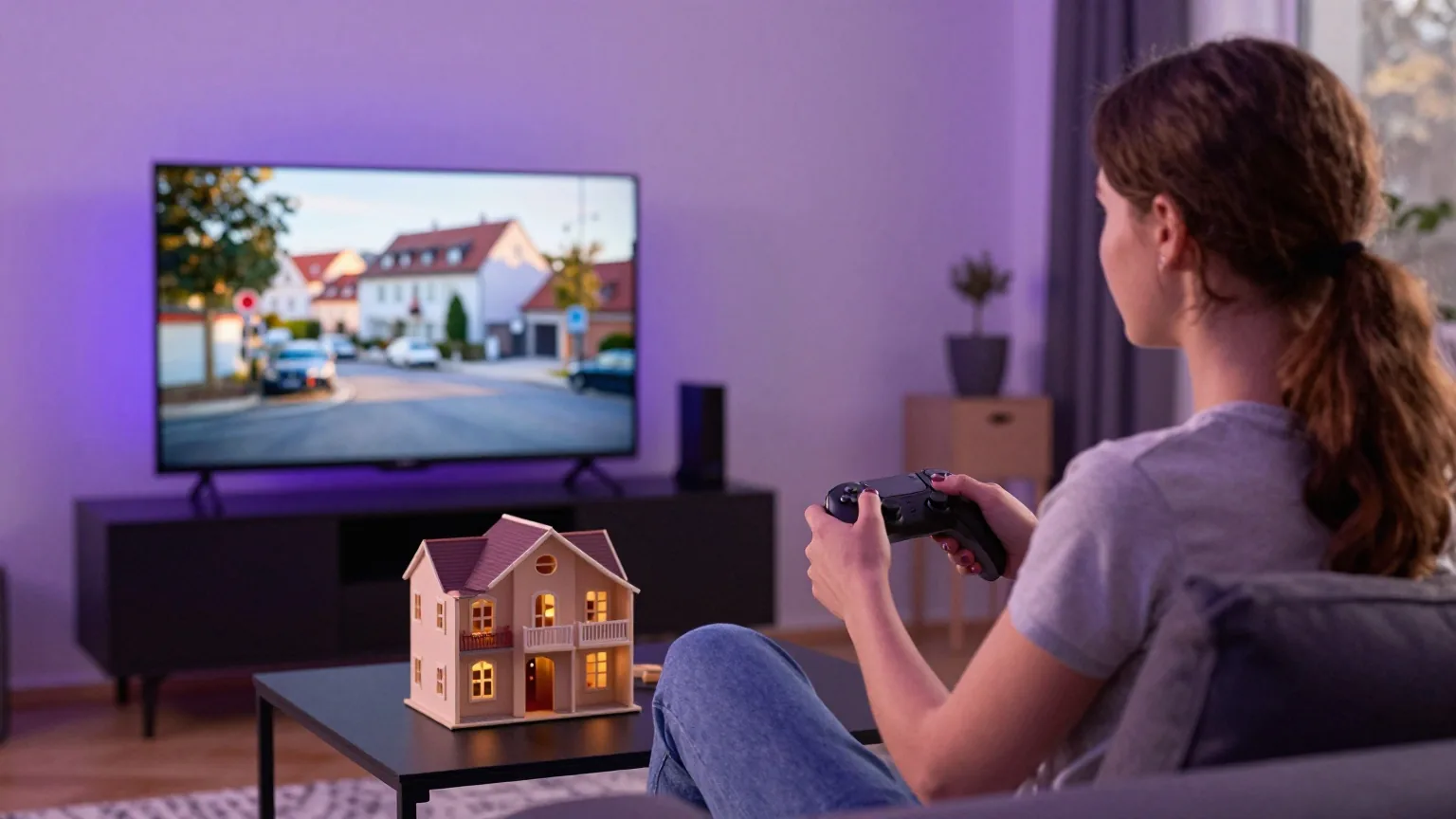 Junge Frau mit Gamepad auf dem Sofa, davor ein kleines Puppenhausmodell auf dem Couchtisch
