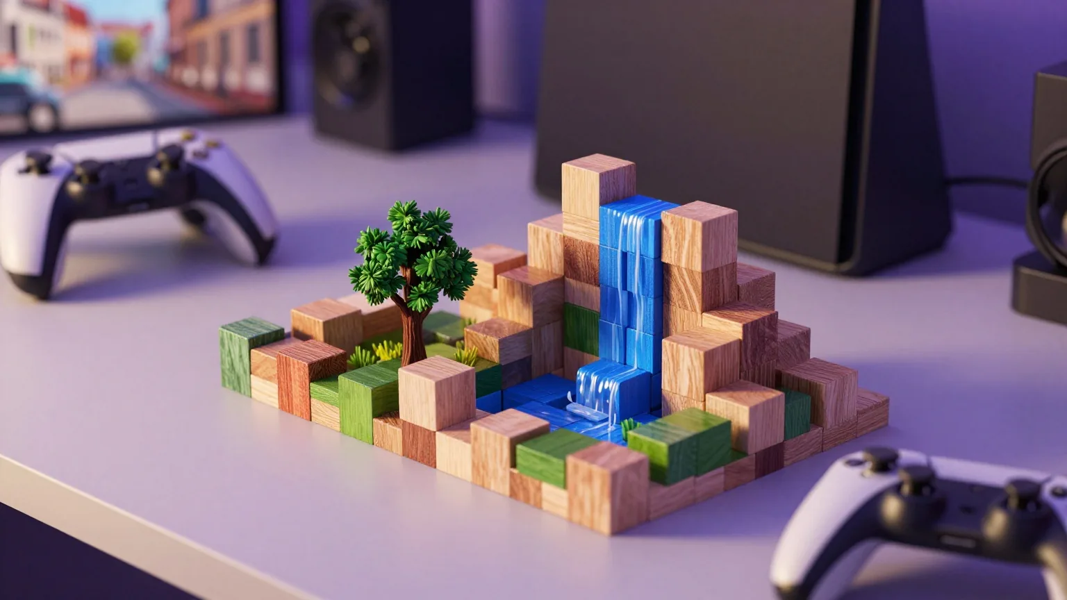 Bunte Holzwürfel auf einem Schreibtisch, zu einer kleinen Landschaft mit Baum und Wasserfall gestapelt