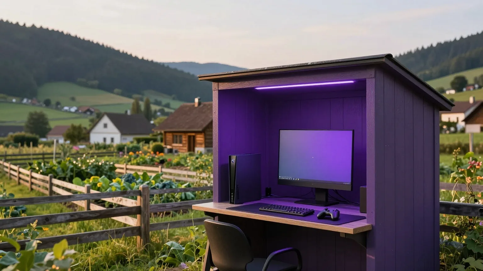 Kleines gemütliches Bauernhaus mit Gemüsegarten und Holzzaun in einem grünen Tal in der Nachmittagssonne
