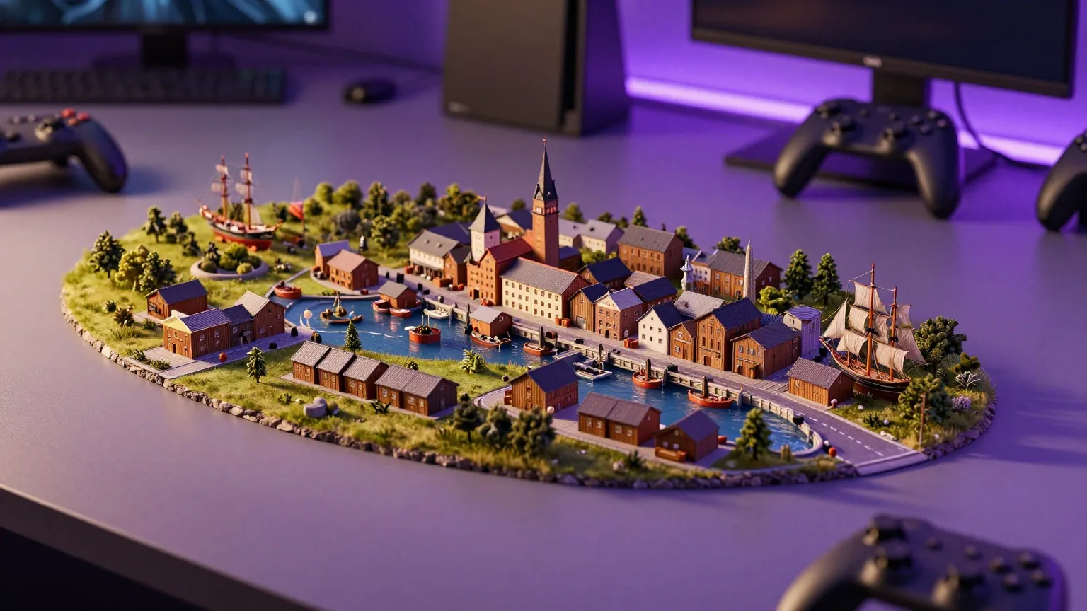 Miniatur-Hafenstadt auf einer Insel mit Lagerhäusern, Segelschiffmodellen und Feldern im Abendlicht