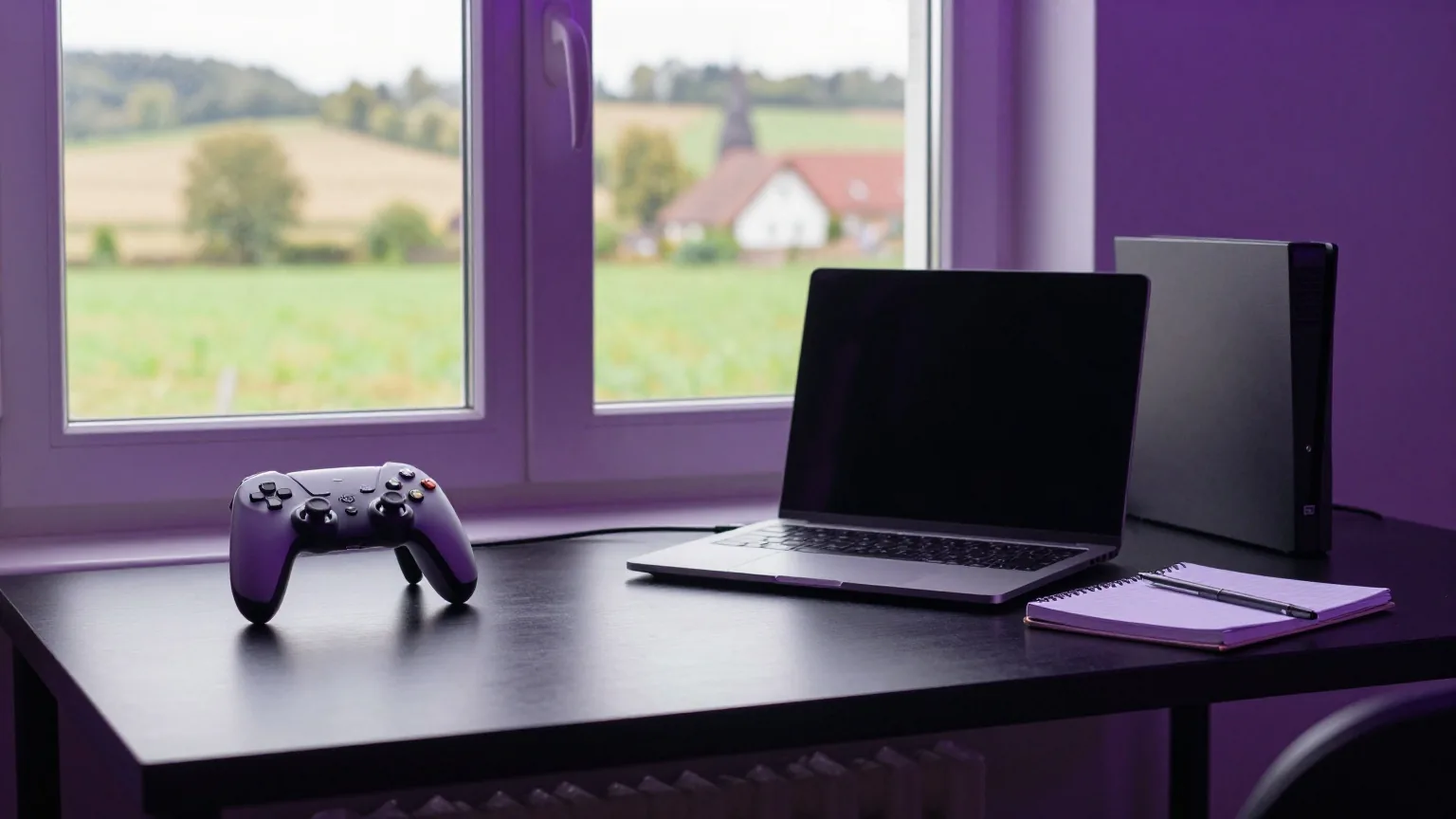 Aufgeräumter Schreibtisch am Fenster eines Dorfhauses mit Gamepad, zugeklapptem Laptop und Notizbuch, draußen grüne Felder